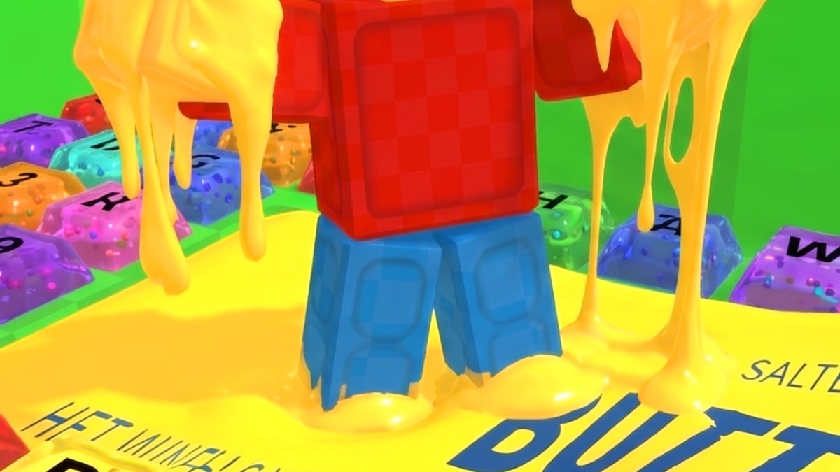 Personagem em pista colorida de obstáculos de Rainbow Obby