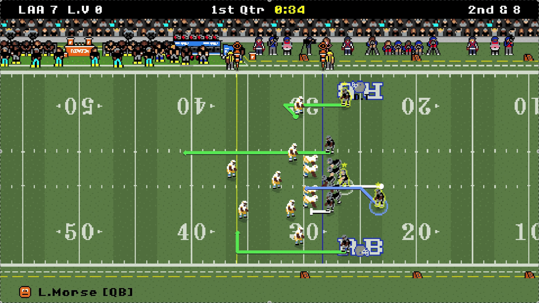Retro Bowl-gameplay på second down med kasteruter vist før snappet.