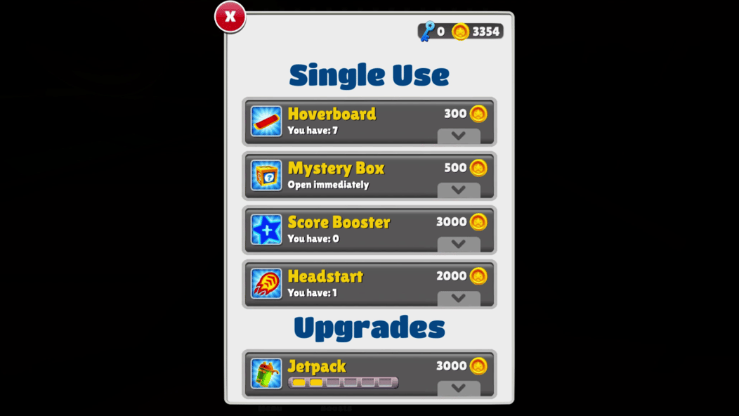 Subway Surfers-butiken: hoverboards, mysterieboxar, poängboosters och uppgraderingar.