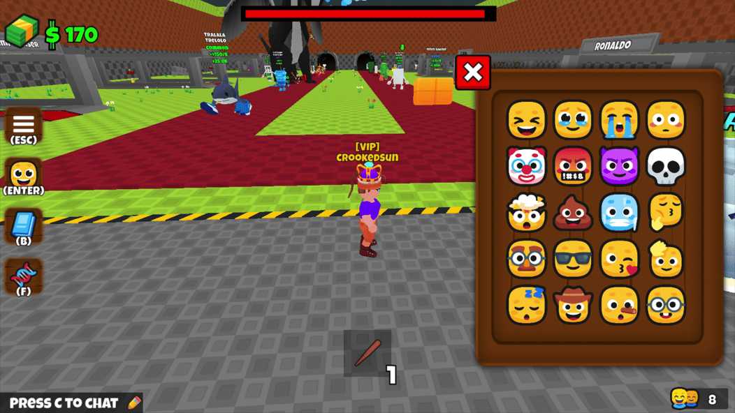 Sikat gameplay Brainrot dengan menu emote yang menampilkan reaksi tertawa, menangis, marah, dan emoji lainnya!