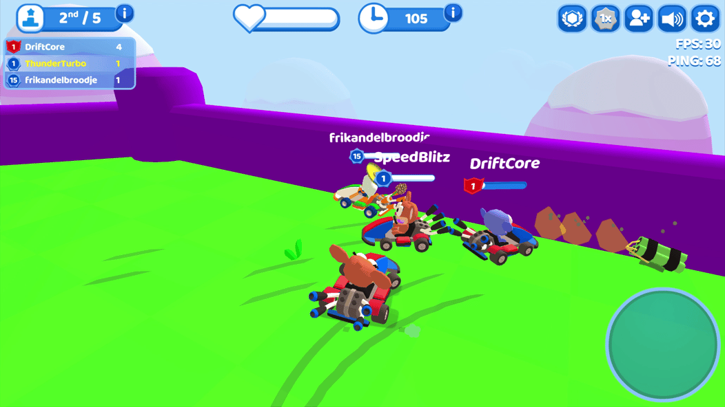 Several Smash Karts players battling together on the grass beside the track