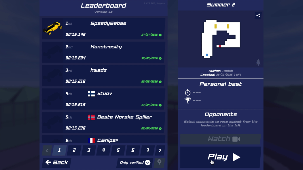 Clasificación de PolyTrack para la pista Summer 2, con el ranking de jugadores, tiempos por vuelta y una vista previa de la pista.