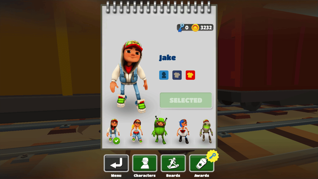 Subway Surfers karaktärsvalskärm med Jake och andra surfare