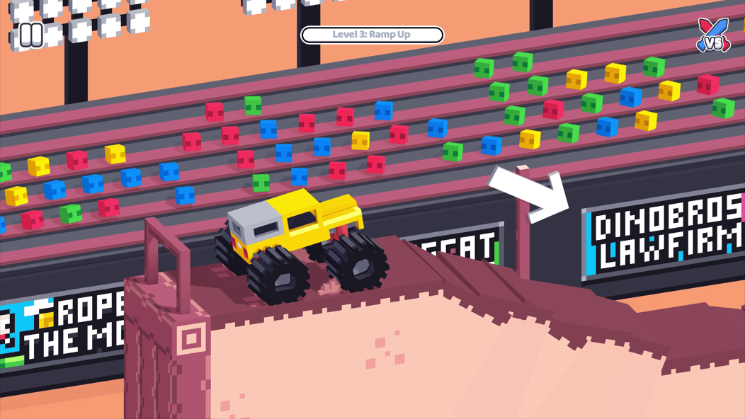 Dilaw na monster truck na papalapit sa isang matarik na rampa sa Ramp Up level ng Drive Mad.
