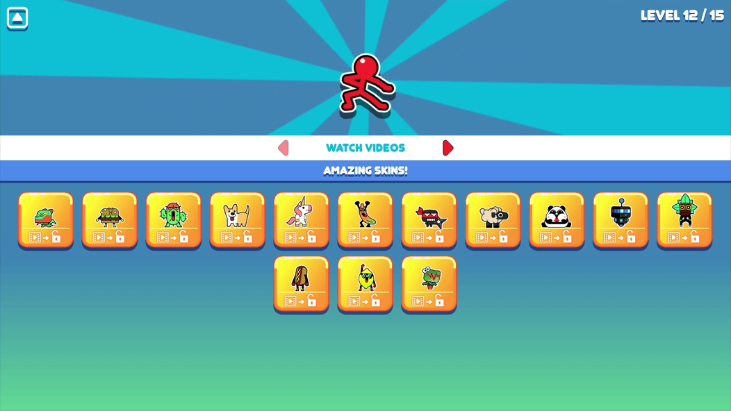 Екран вибору персонажа в Stickman Hook, де можна розблокувати скіни тварин і костюми