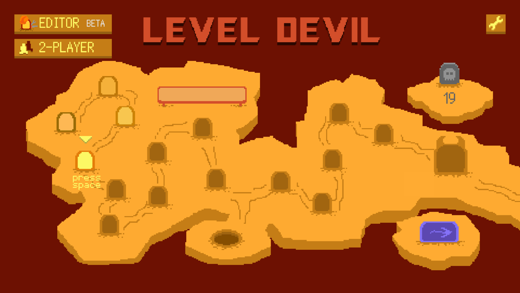 Level Devil-Weltkarte, die verbundene Level und deinen Fortschritt im feurigen Abenteuer anzeigt.