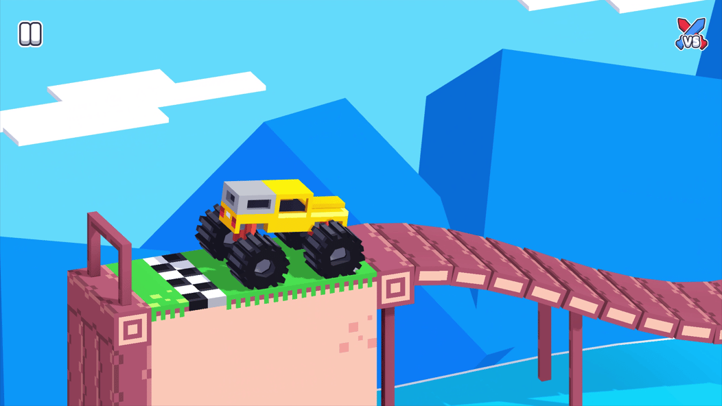 Dilaw na monster truck na tumatawid sa makitid na tulay, mataas sa ibabaw ng tubig sa Drive Mad.
