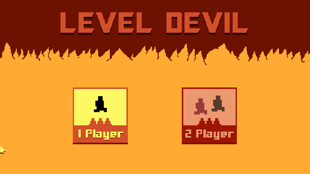 Hauptmenü von Level Devil, in dem unter einem feurigen Titelbildschirm der 1-Spieler-Modus ausgewählt ist.
