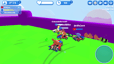Several Smash Karts players battling together on the grass beside the track