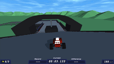 Un coche de carreras rojo de PolyTrack se acerca a un gran arco negro en un circuito de carreras low-poly.