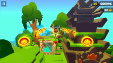 En Subway Surfers-karaktär samlar mynt ovanför spåren med en pogo-stick.