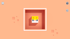 Level 1 van Longcat, met het vierkante katpersonage dat op een rood platform staat in een perzikkleurige puzzelkamer.