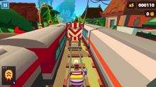 Subway Surfers-karaktär som springer mellan tåg mot en randig järnvägsbom