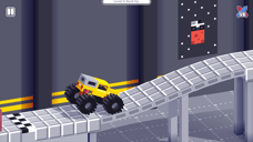 Dilaw na monster truck na umaakyat sa nakaangat na track sa Back Up level ng Drive Mad.