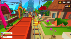 Subway Surfers-karaktär som hoppar mellan tåg och samlar mynt.