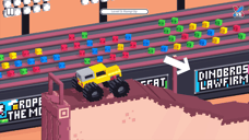 Dilaw na monster truck na papalapit sa isang matarik na rampa sa Ramp Up level ng Drive Mad.