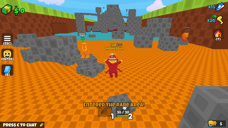 Gameplay Steal a Brainrot yang menampilkan pemain memasuki Area Langka oranye yang dipenuhi platform abu-abu dan karakter lain.