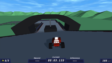 Un coche de carreras rojo de PolyTrack se acerca a un gran arco negro en un circuito de carreras low-poly.