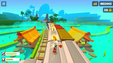 En karaktär från Subway Surfers åker på en hoverboard ovanpå ett tåg och samlar mynt.