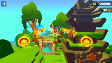 En Subway Surfers-karaktär samlar mynt ovanför spåren med en pogo-stick.