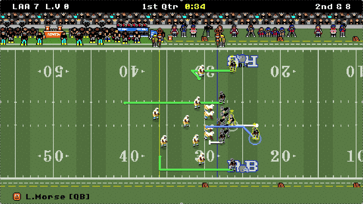 Retro Bowl-gameplay på second down med kasteruter vist før snappet.