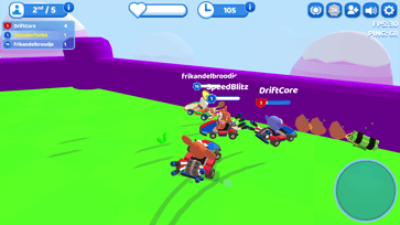 Several Smash Karts players battling together on the grass beside the track