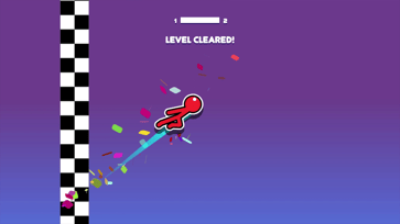 Екран завершення рівня в Stickman Hook: червоний персонаж перетинає фінішну лінію.