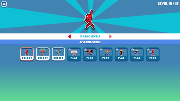 Екран вибору скінів у Stickman Hook: класичні дизайни персонажів.
