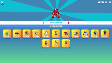 Екран вибору персонажа в Stickman Hook, де можна розблокувати скіни тварин і костюми