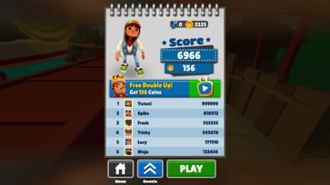 Poängskärm i Subway Surfers som visar poäng, mynt och topplistan.