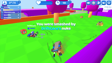 Smash Karts screen showing a player eliminated by DriftCore's nuke