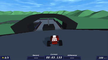 Un coche de carreras rojo de PolyTrack se acerca a un gran arco negro en un circuito de carreras low-poly.