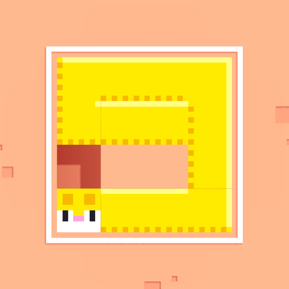 Level 1 van Longcat, waarin de kat is uitgerekt rond een rechthoekig pad in een perzikkleurige puzzelkamer.